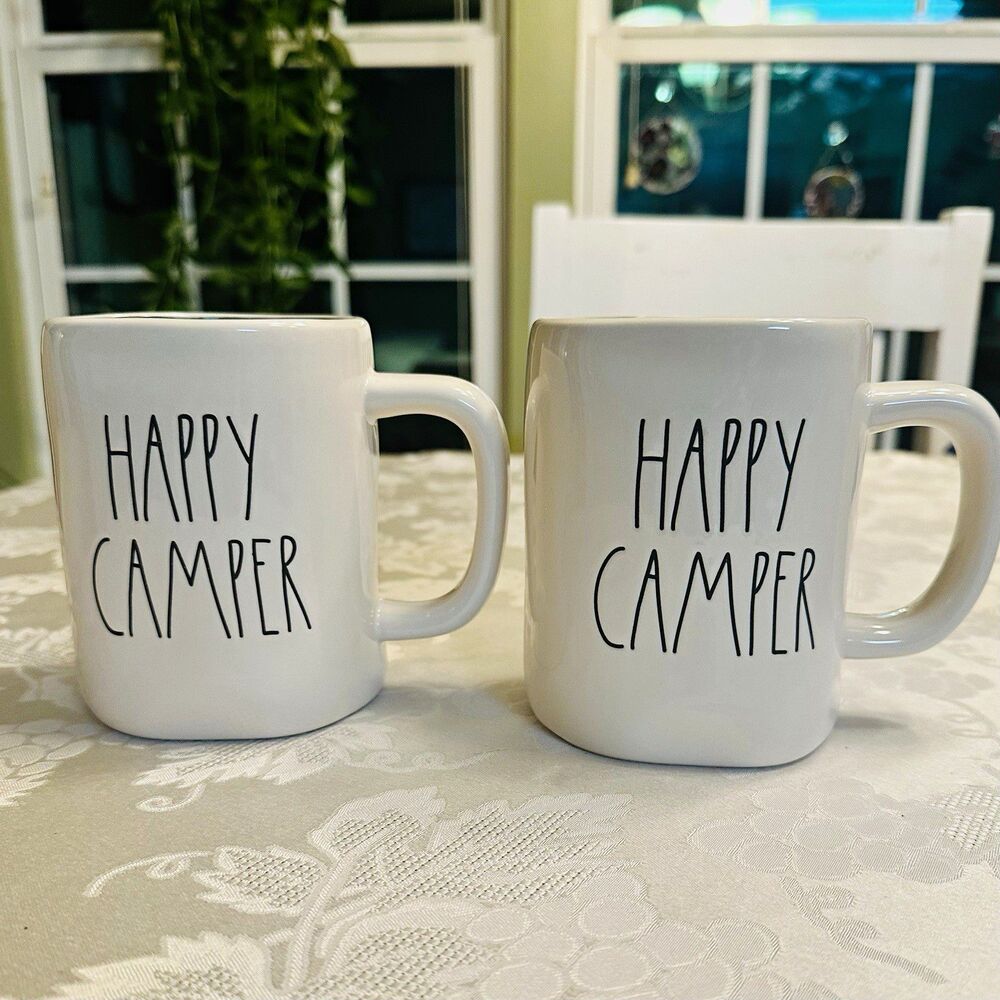 Rae Dunn Happy Camper Coffee Mug Set of 2 White Artisan Collection by Magenta